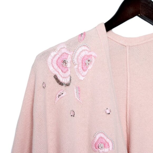 Vintage Knit Cape Shawl Wrap Pink Beaded Embroidered Warm Pretty Cottagecore - Picture 6 of 12